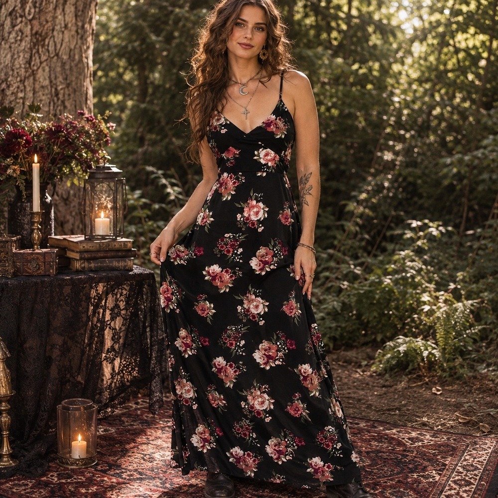 J for Justify Floral Rose Empire Waist Maxi‎ Dress L Black Y2K Romantic Cottage